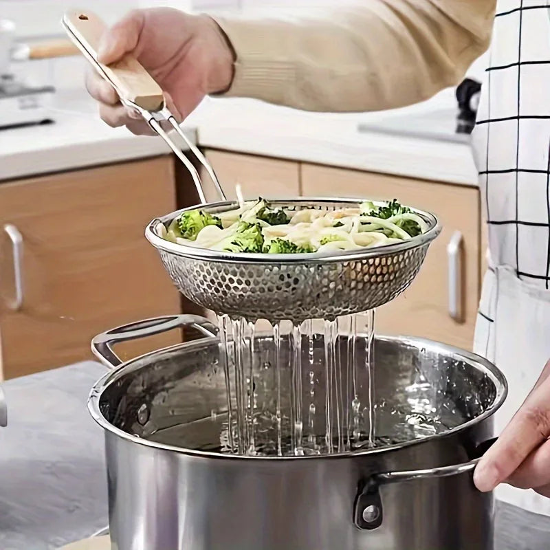 Fine Mesh Stainless Steel Colander Strainer with Wooden Handle – Skimmer Spoon for Pasta, Grease Filtering & Food Prep
