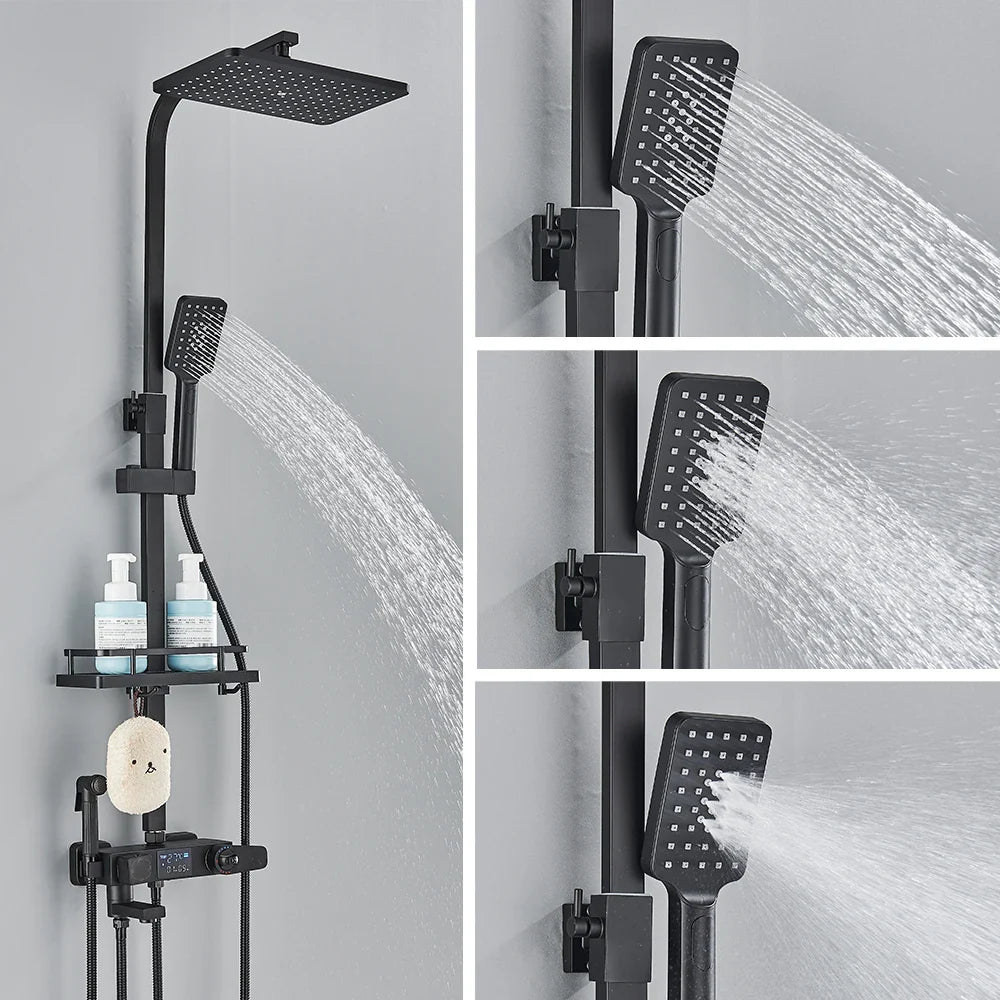 Black Digital Thermostatic Shower System 10-Inch (25.4 cm) Rainfall Head 4-Way Mixer with Digital Display, Slide Bar Shelf & Bidet Faucet