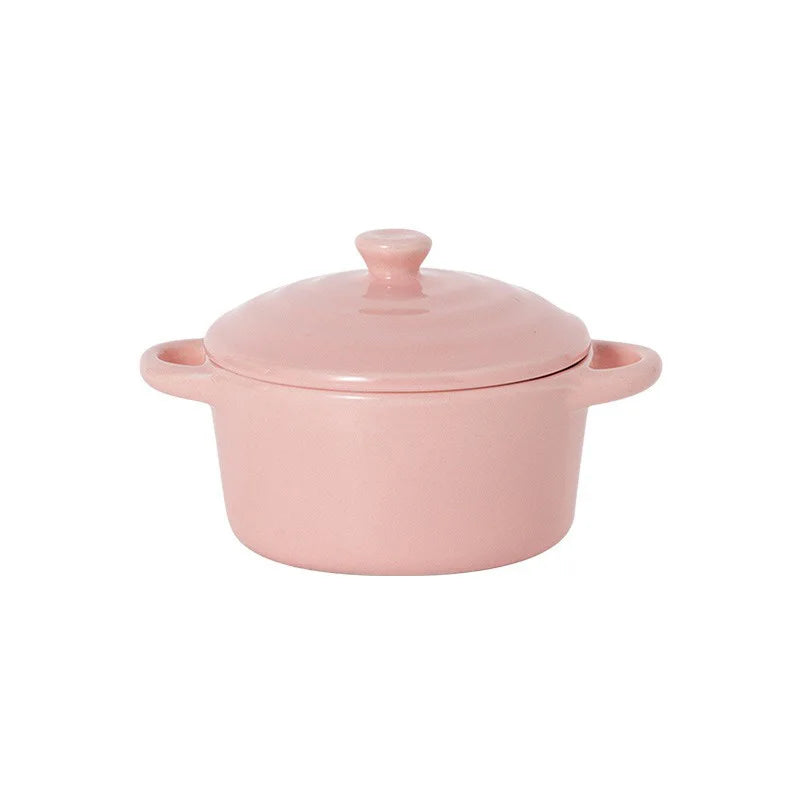 Porcelain Double-Handle Ceramic Bowl with Lid — Microwave & Steam Safe (13×7.5×9.8 cm | 5.12×2.95×3.86 in) for Steamed Eggs, Pudding & Soup