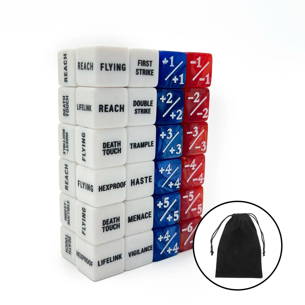 48-Pack Keyword Ability Counters & Buff Dice for TCG Card Games, 16mm (0.63in) Colorful D6 Creature Stat Tokens with Velvet Bag