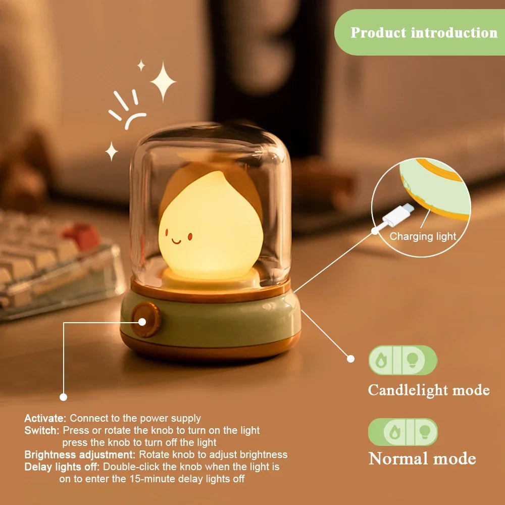 Kerosene-Style LED Night Light Flameless Candle — USB Rechargeable Dimmable 2-Mode Lamp for Bedroom & Camping