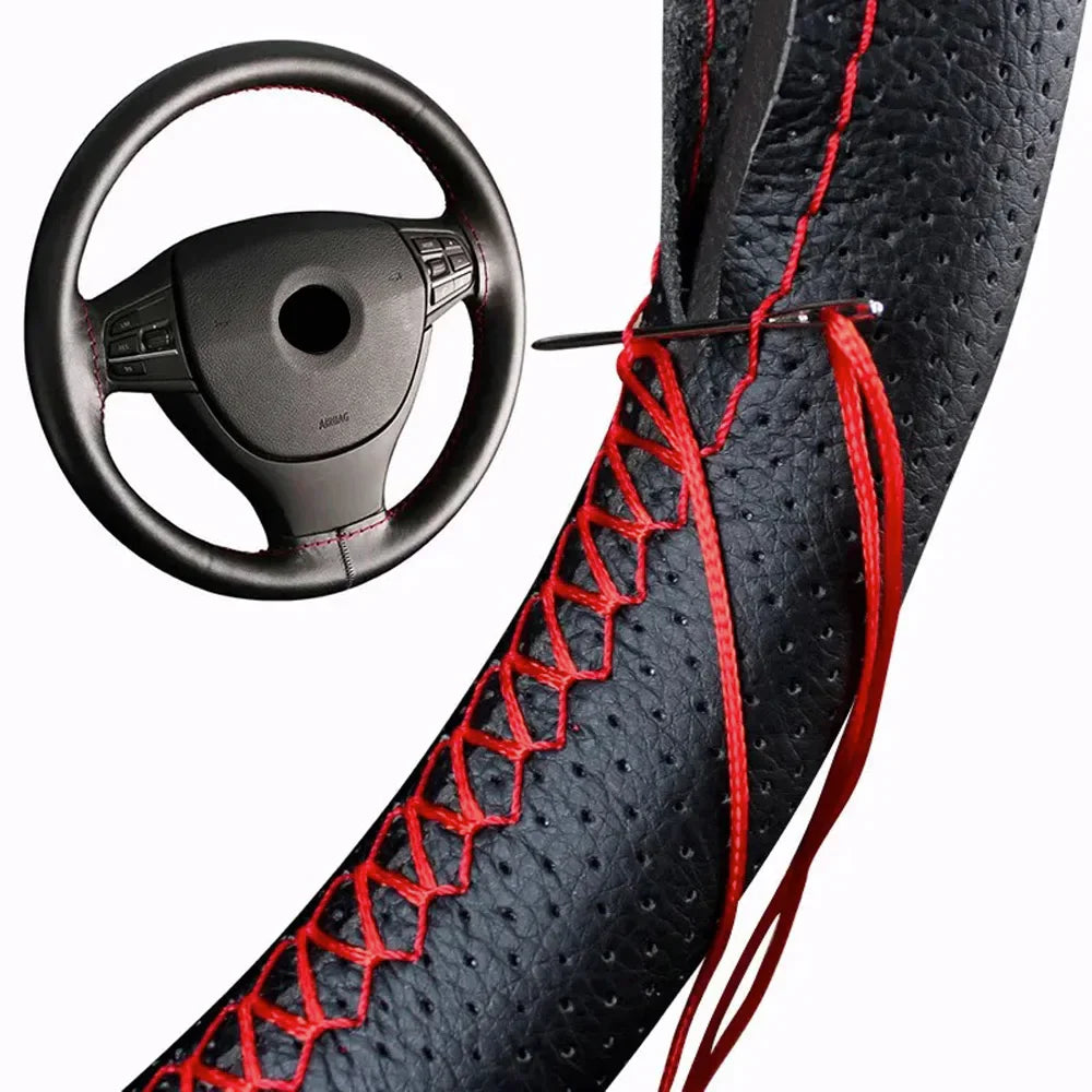 PU Leather Steering Wheel Cover with Needles & Thread - Anti-Slip Breathable DIY Stitch Kit, Fits 36–38 cm (14.2–15 in) | Multiple Colors