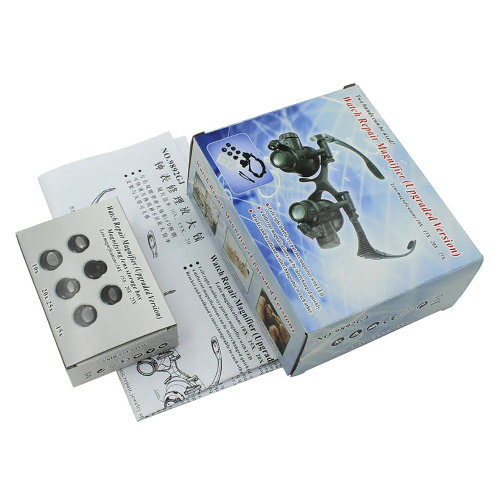 Adjustable LED Headband Magnifier with 10x/15x/20x/25x Interchangeable Lenses — Hands-Free Magnifier for Jewelry Repair, Watchmaking and Reading