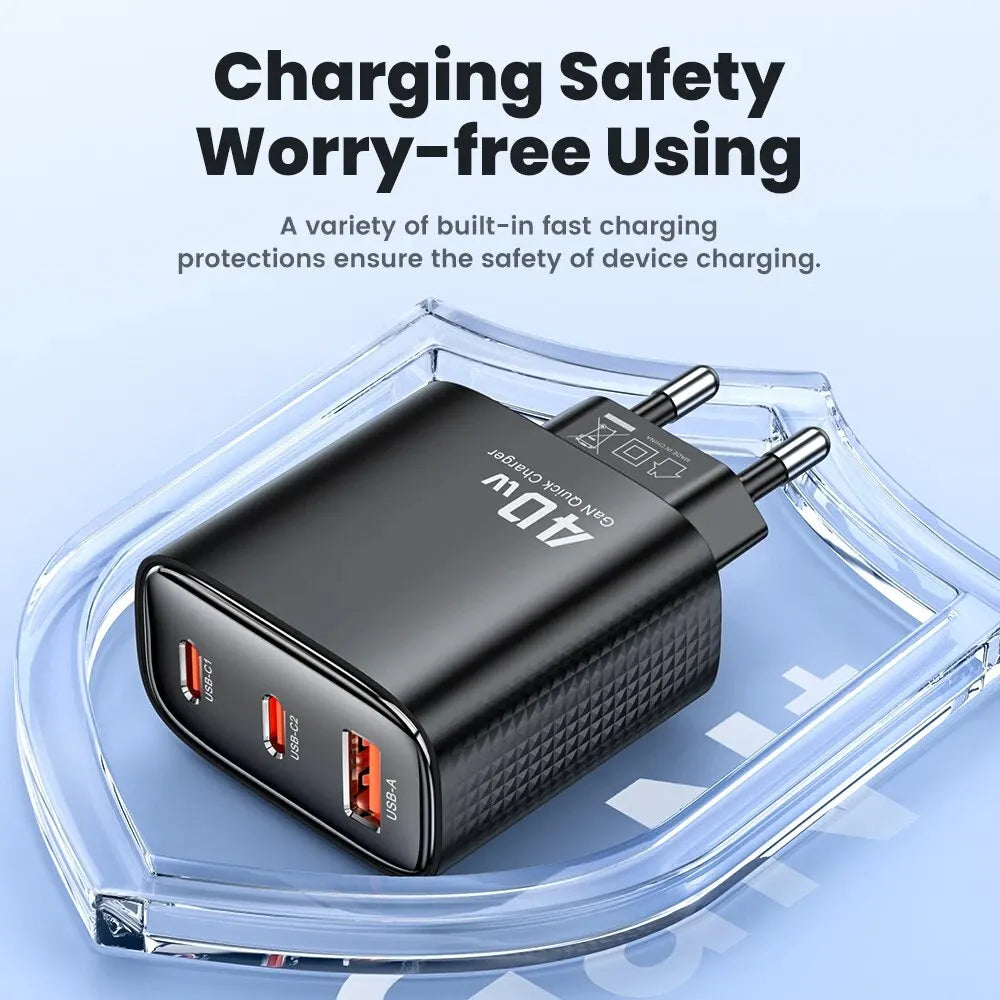40W GaN 3-Port USB Fast Charger – Dual USB-C PD + USB-A QC4.0 Compact Travel Wall Charger
