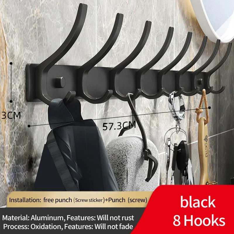 6-Peg Folding Wall Hooks – Aluminum Nail-Mount Towel & Coat Rack, Black/White