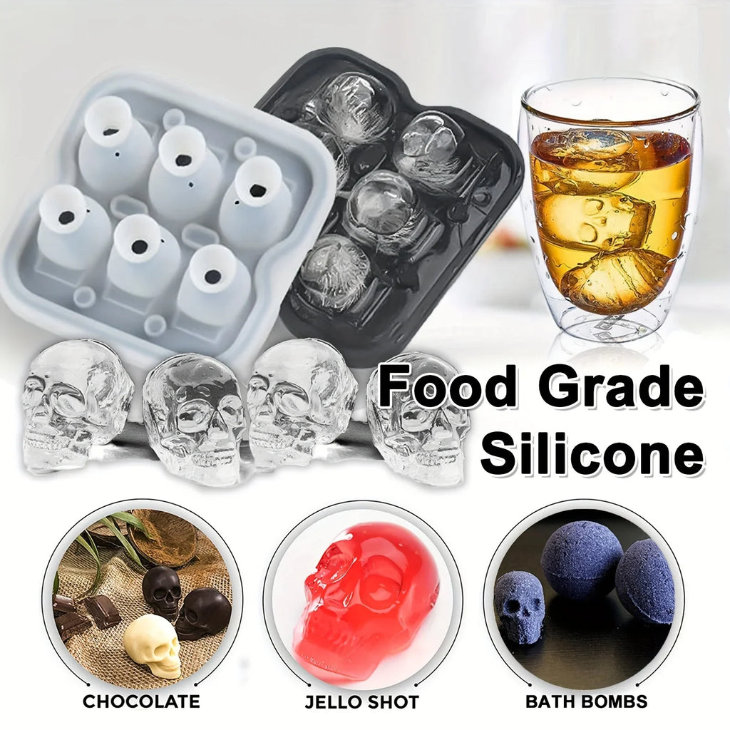 3D Skull Ice Ball Silicone Mold – 4 & 6-Cavity Flexible BPA-Free Ice Trays for Cocktails