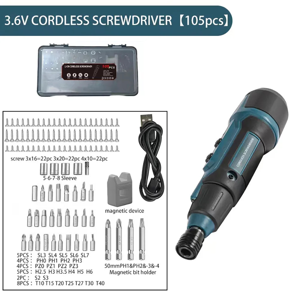 Cordless Electric Screwdriver Set 3.6V 2Nm 200 RPM Rechargeable Wireless Precision Drill for Home DIY