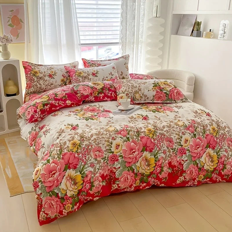 Floral Microfiber Duvet Cover Set with Zipper Closure - 3-Piece Reversible Botanical Print Bedding (1 Duvet Cover, 2 Pillowcases)