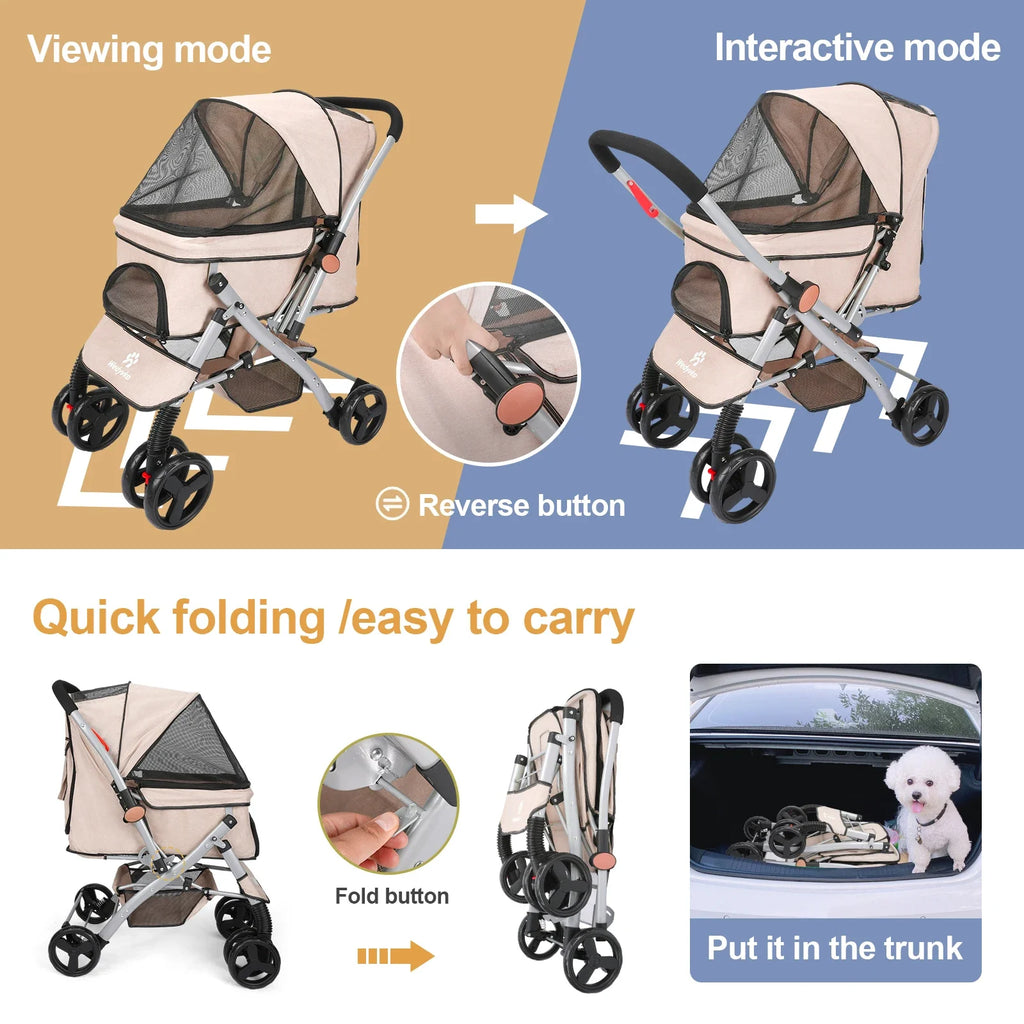 Foldable Pet Stroller for Cats and Dogs, Detachable Shock-Absorbing Travel Carrier, Easy Assembly, Dirt-Resistant