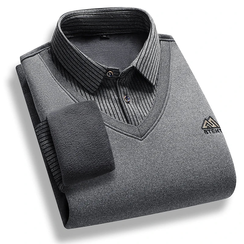 Retro Winter Pullovers Men Polo Neck Sweaters Fashion Striped Fleece Lined Polo Shirt Jumper Thick Knitting Sweaters