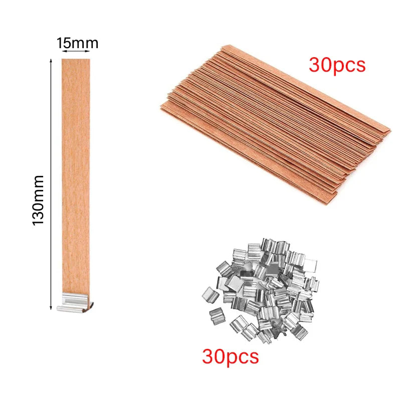 30/50-Pack Cherry Wood Candle Wicks with Metal Clip Bases – Smokeless Wooden Wicks for DIY Jar Candles