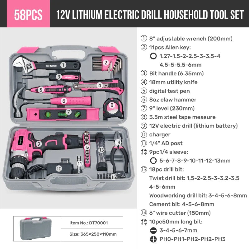 Pink Cordless Electric Screwdriver & Home Repair Tool Kit - Complete Set with Drill Bits, Hammer & Carry Case