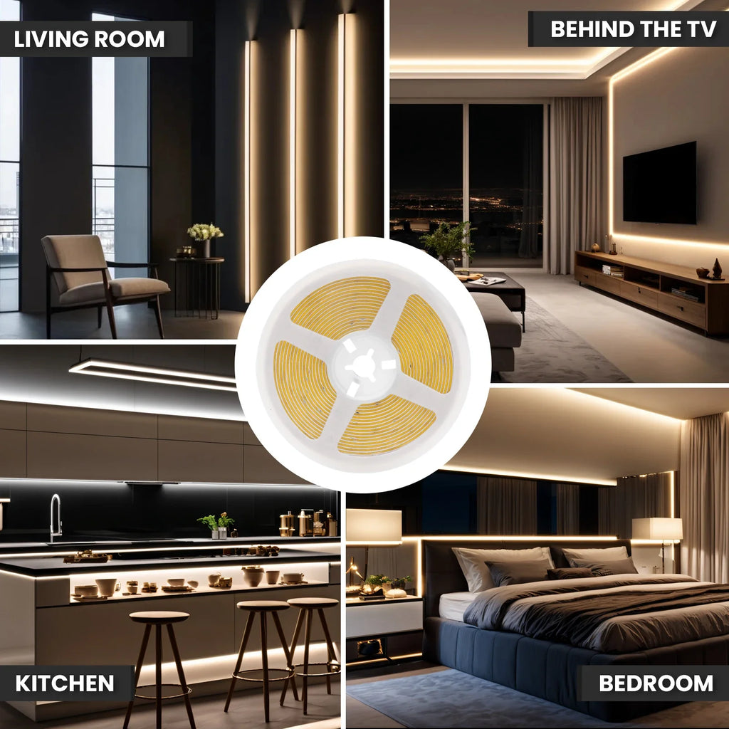 5V COB LED Strip Light with 3xAA Battery Box, 8mm 320 LEDs/m, 0.5–5m, Warm/Natural/Cool White, Adhesive Backing
