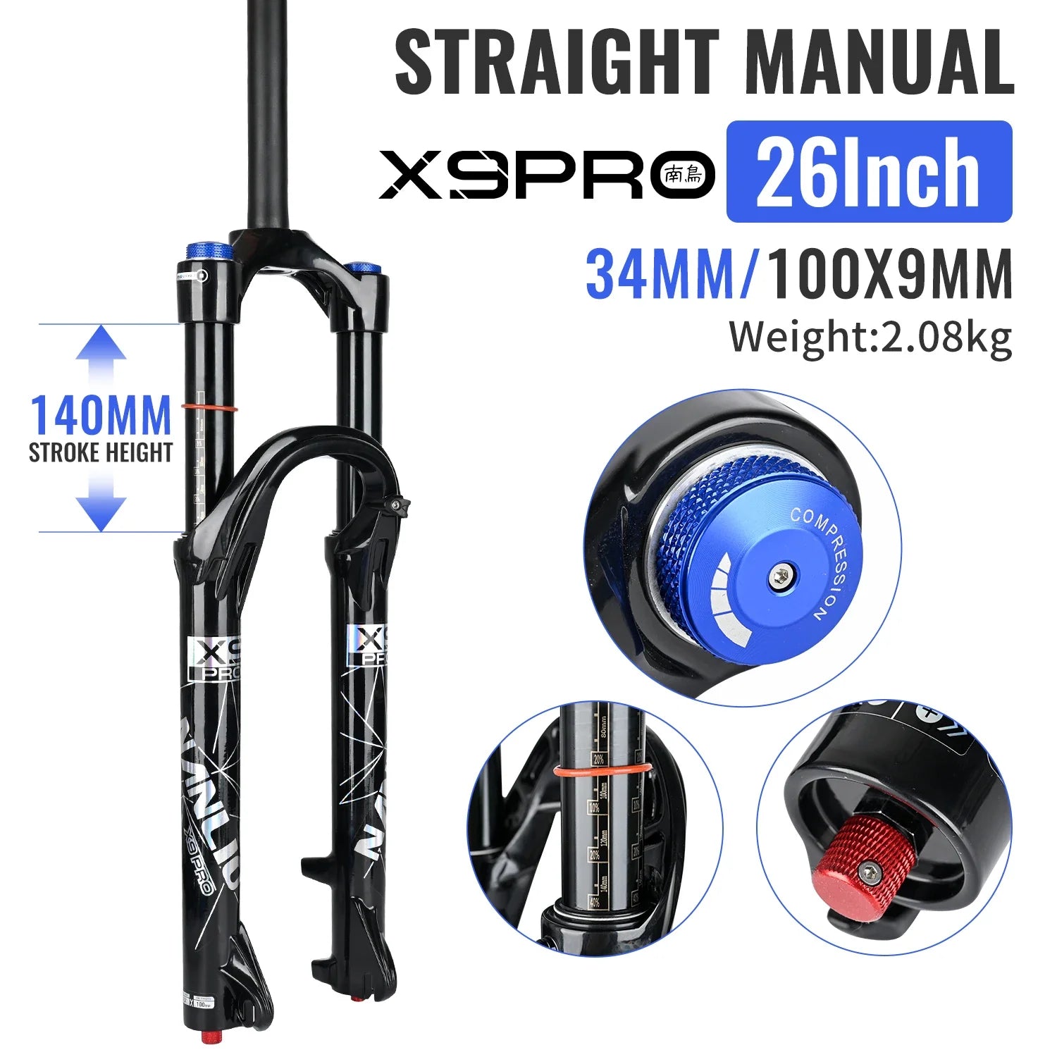 34mm MTB Suspension Fork for 26/27.5/29 in Wheels, Oil & Air Damping, 140/160mm (5.5/6.3 in) Travel with Metal Bushings