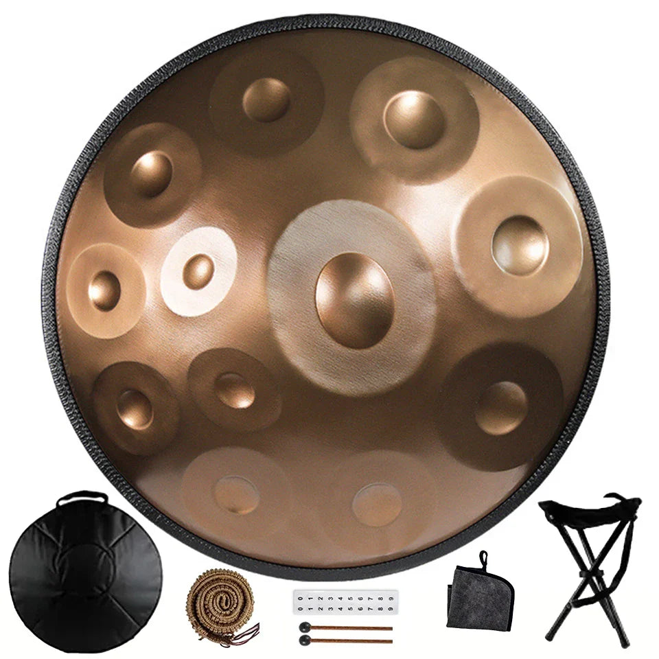 D Minor Kurd Handpan Drum – 22 in (56 cm) Steel Hand Drum, 9/10/12-Note 440Hz with Mallets & Woven Rattan Edge