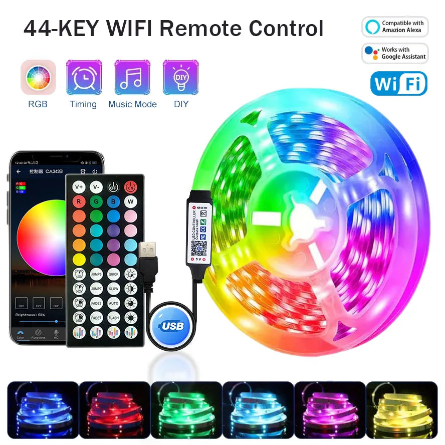 USB RGB LED Strip Lights (1–30m / 3.3–98.4 ft) — App & Remote Control, Flexible 5V SMD5050 Ribbon for Bedroom, Living Room & TV Backlight