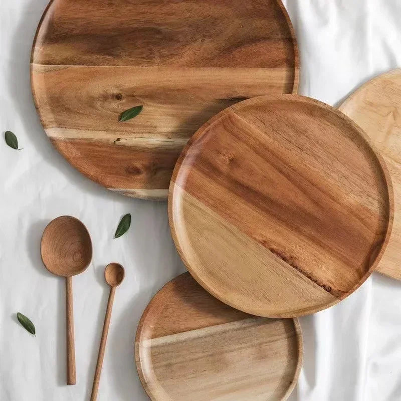 Acacia Wood Round Serving Platter Tray – 15/20/25 cm (6/7.9/9.8 in) Pizza Salad Dessert Plate