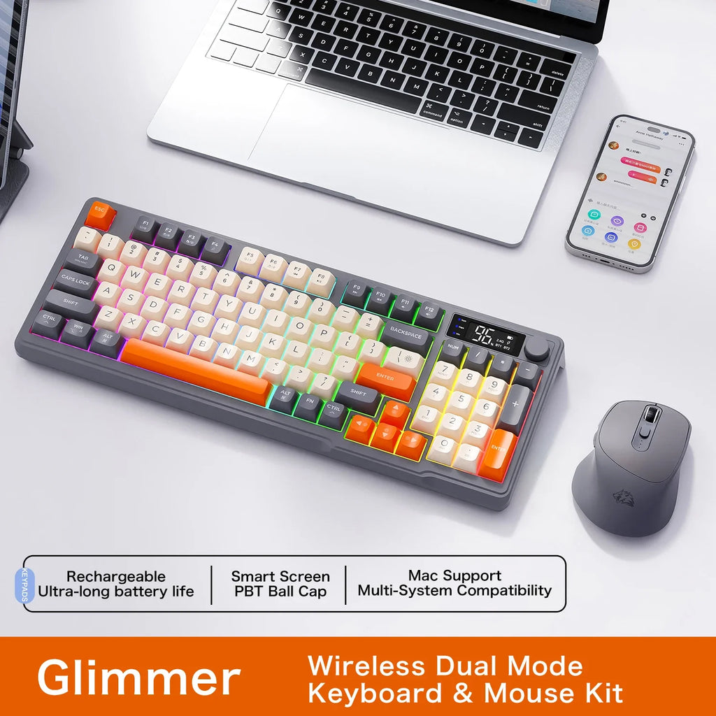 96-Key Bluetooth & 2.4G Wireless Gaming Keyboard with Smart Screen, RGB Backlight, Ergonomic PBT Keycaps — Multi-Device for PC Laptop Tablet