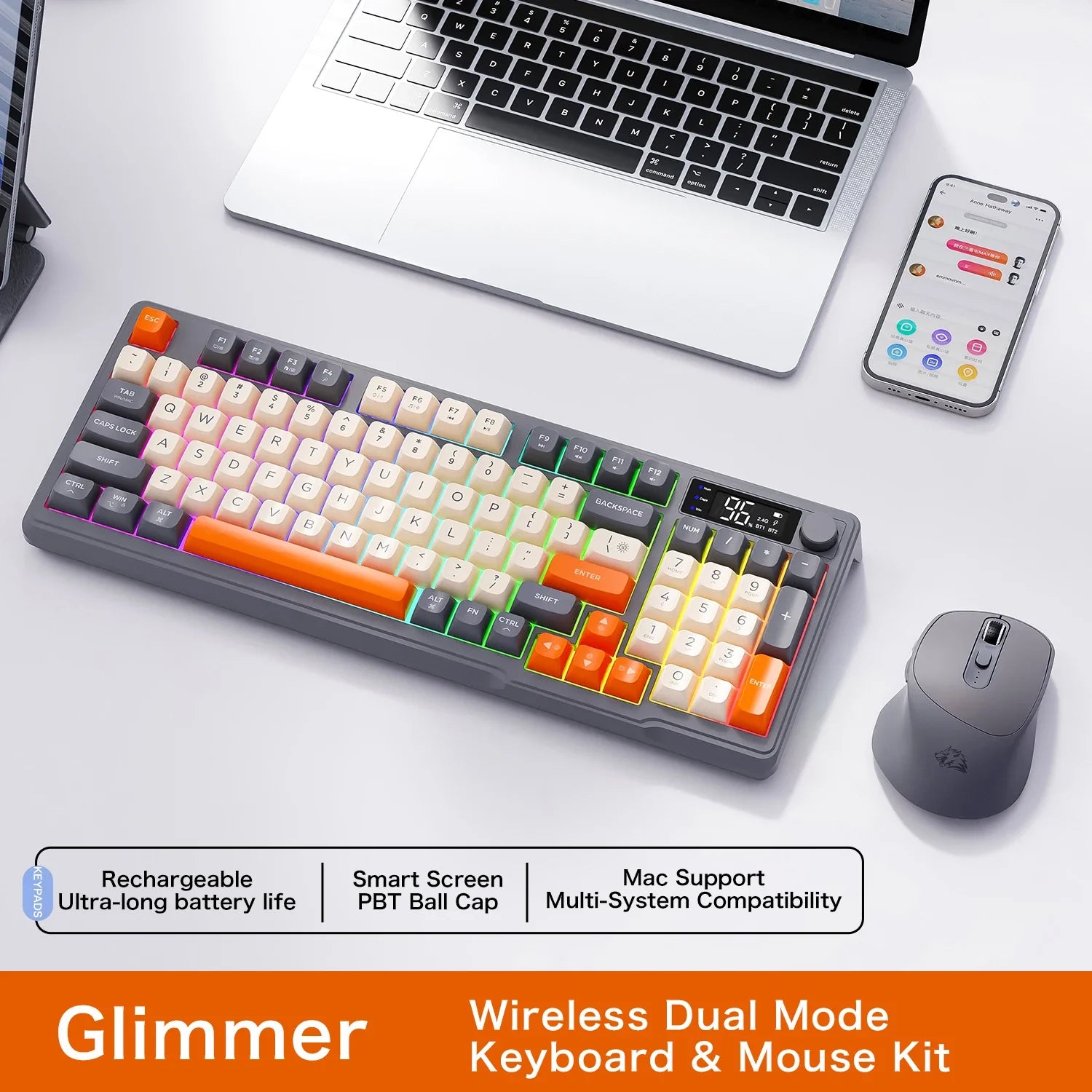 96-Key Wireless Mini Keyboard with Smart Screen - Bluetooth & 2.4GHz Dual-Mode, Multi-Device Linking, Ergonomic RGB Backlit