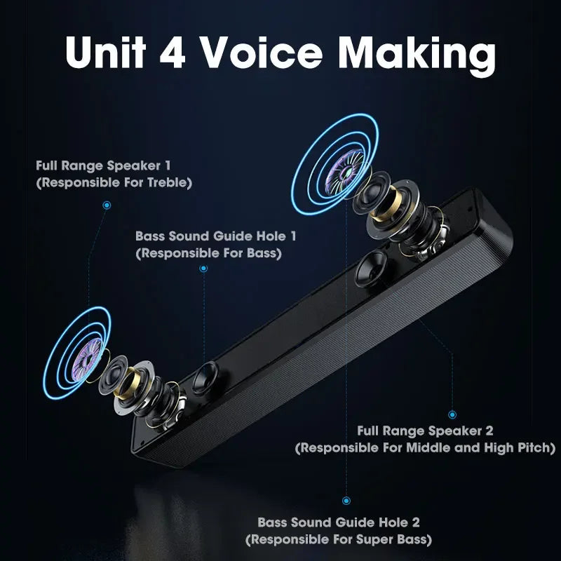 USB-Powered Bluetooth PC Speakers 3D Stereo Soundbar for TV, PC & Laptop - Wired & Wireless (3.5mm AUX, Deep Bass)