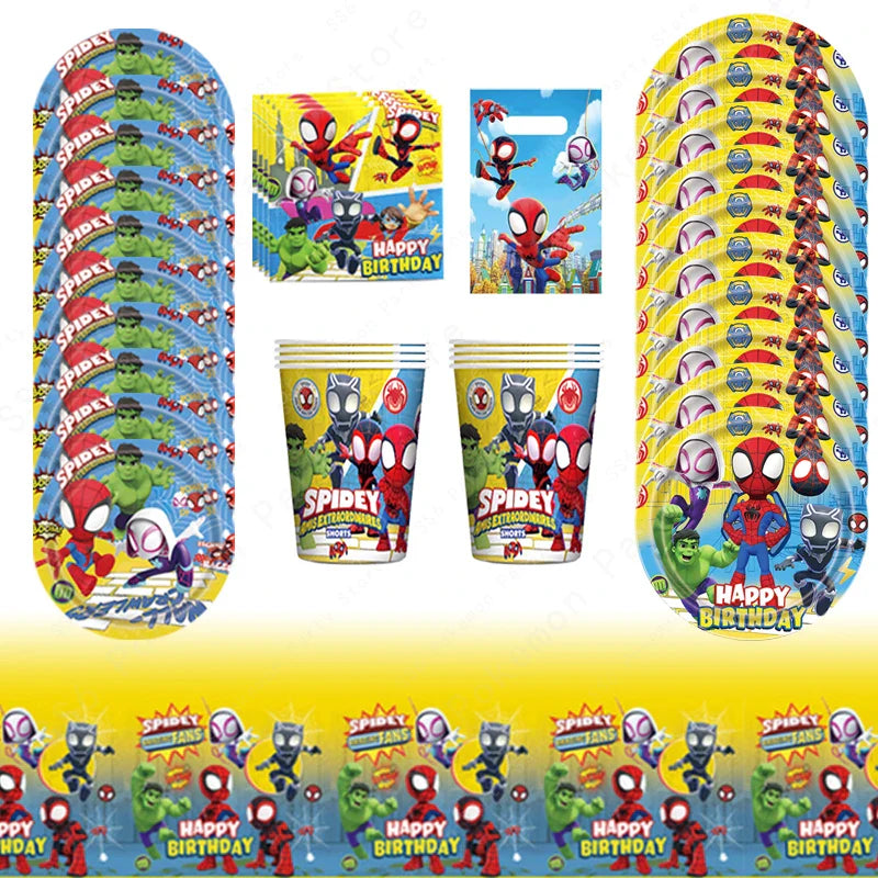 Spiderman Kids Birthday Party Supplies - Disposable Tableware Set with Plates, Cups, Napkins & Favor Bags