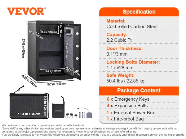 Biometric (Fingerprint) & Digital Safe 2.2 / 1.8 cu ft (62 L / 51 L) Home Security Cabinet with Fireproof Bag