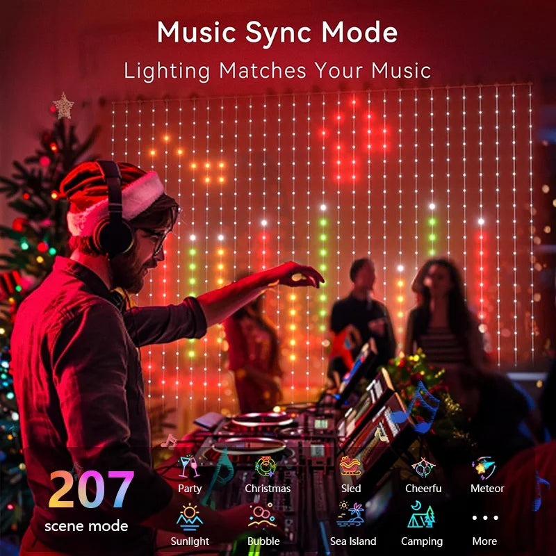 LED RGBIC Smart Curtain String Lights USB Powered App & Remote Control, Music Sync DIY Patterns, IP67 Waterproof — 1.6×1.6 m (5.25×5.25 ft) or 2.4×2.4 m (7.87×7.87 ft) for Bedroom Party Outdoor