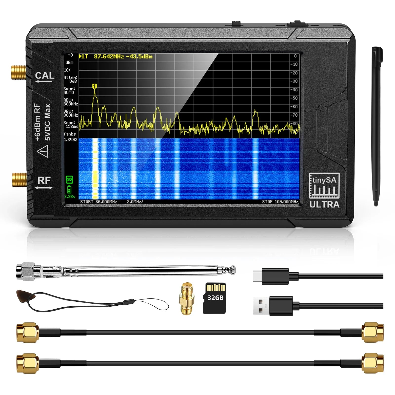 Handheld Spectrum Analyzer 4-inch (10.2 cm) Display 100 kHz–5.3 GHz with 32GB microSD, SMA Antenna & Network LAN Tester