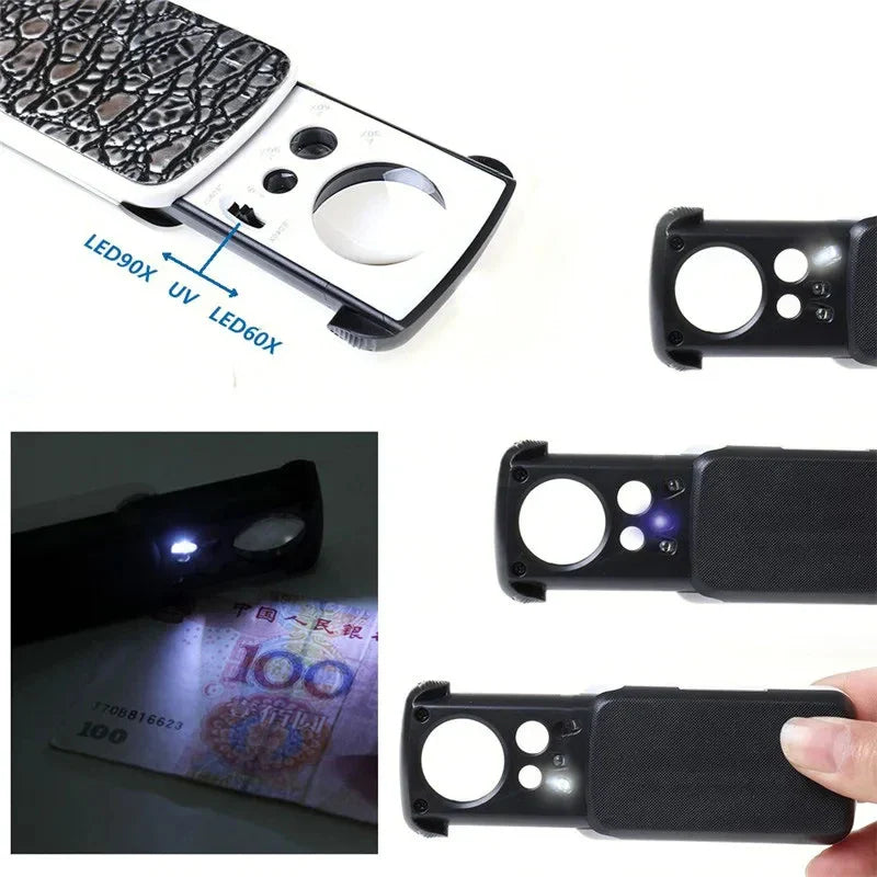 Slide-Out Jewelry Loupe Magnifier 30X 60X 90X LED with UV Light for Diamonds Coins Stamps