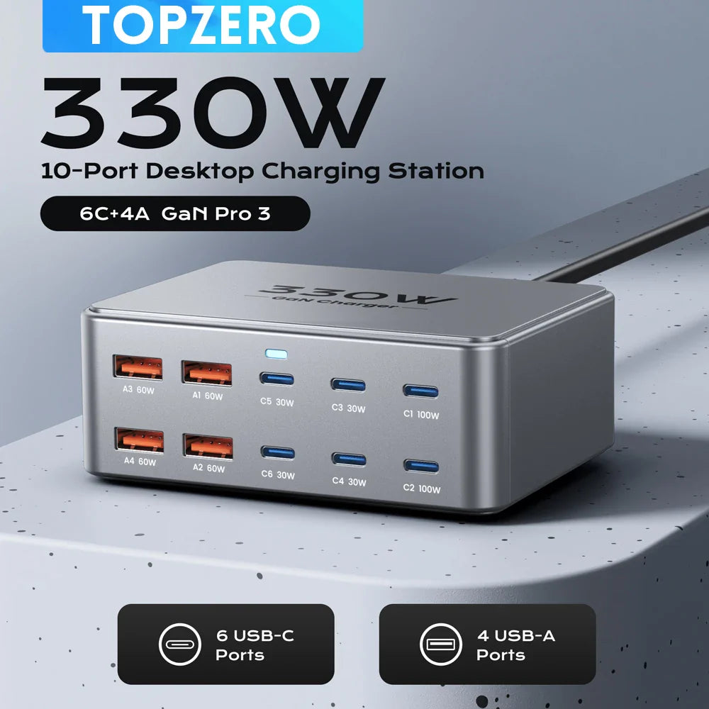 330W GaN USB-C 10-Port Fast Charger - 100W PD3.0 PPS QC3.0 Multiport Charging Station for Laptop, iPhone, Samsung, MacBook, Tablet