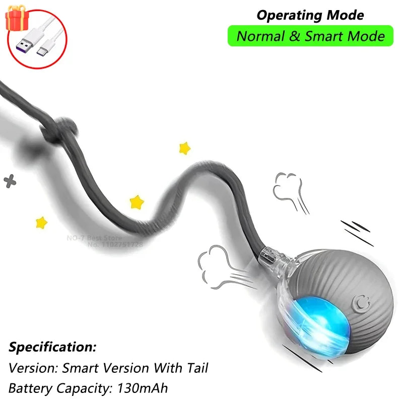 Rechargeable Interactive Cat Ball Toy — Automatic Rolling Smart Toy with Tail, LED & Obstacle Avoidance