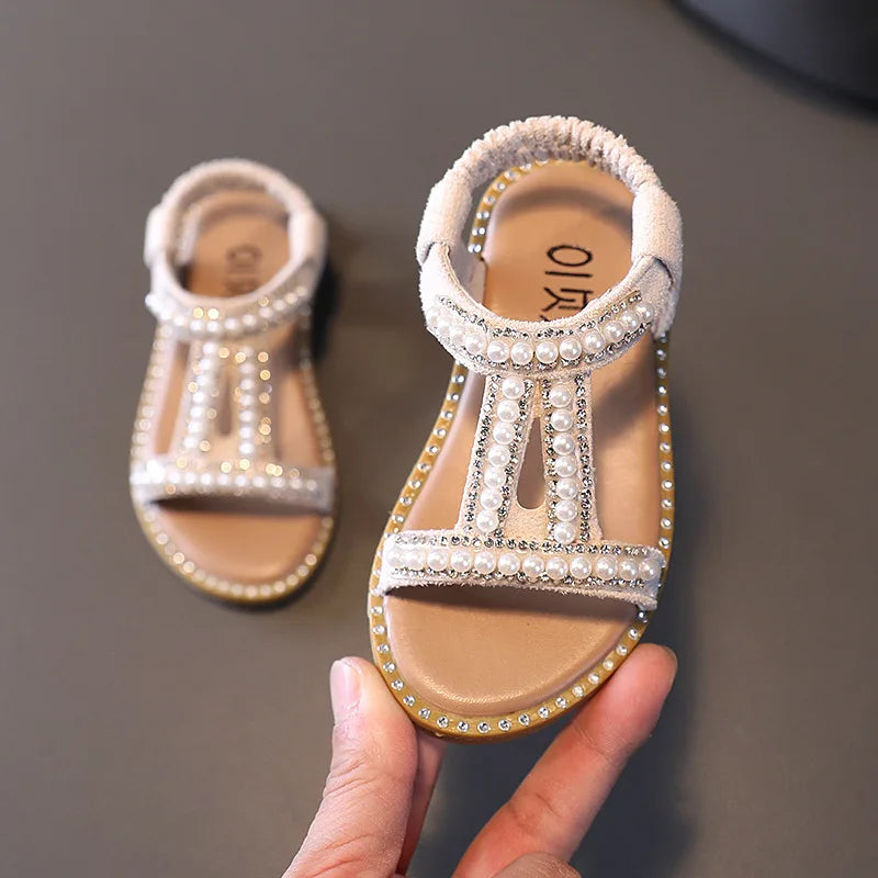 Toddler Girls Gladiator Sandals Beaded Nubuck Leather Slip-On Flat Sandals — Sizes 21–30 (13.5–18 cm | 5.31–7.09 in)