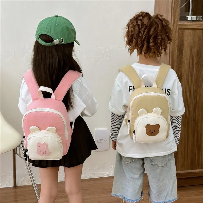 Kawaii Canvas Kids Backpack - Cartoon Bear and Bunny Kindergarten School Bag for Girls and Boys