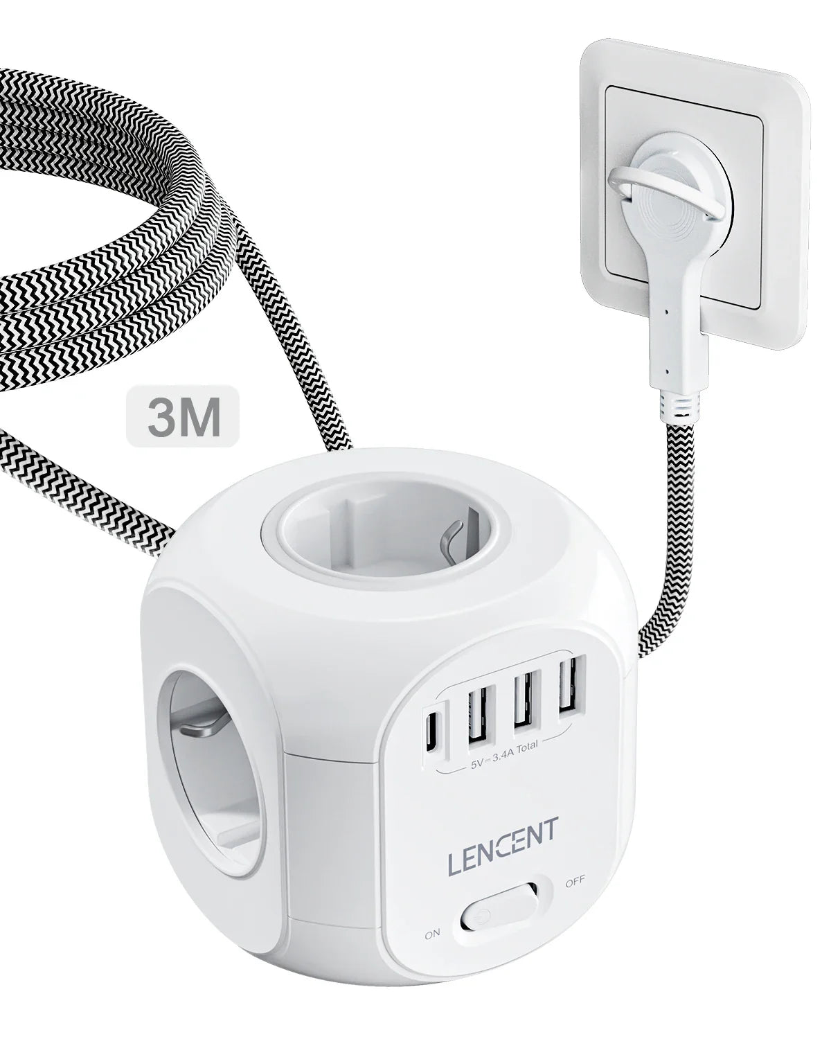 EU Plug Power Strip Cube — 4 AC Outlets, 3 USB-A + 1 USB-C (4 Ports), 2500W, Overload Protection, 2m/3m Braided Cable (6.6ft/9.8ft)