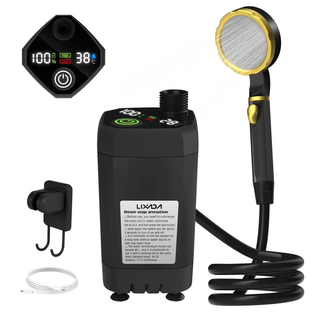 6000mAh Portable Camping Shower Pump with Full Screen Digital Display — RV Outdoor Shower Kit