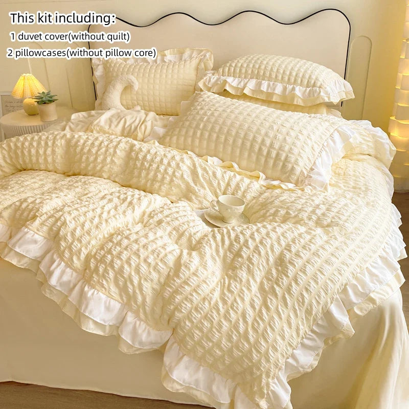 3-Piece Lace Seersucker Duvet Cover Set with 2 Pillowcases - Washed 100% Polyester, Fits 1.0-2.2 m Beds (3.3-7 ft)