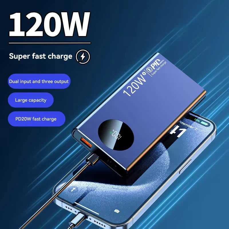 50,000mAh 120W High-Capacity Portable Power Bank, Wireless Charger with Built-In Cable, PD & USB-C Fast Charging for iOS and Android