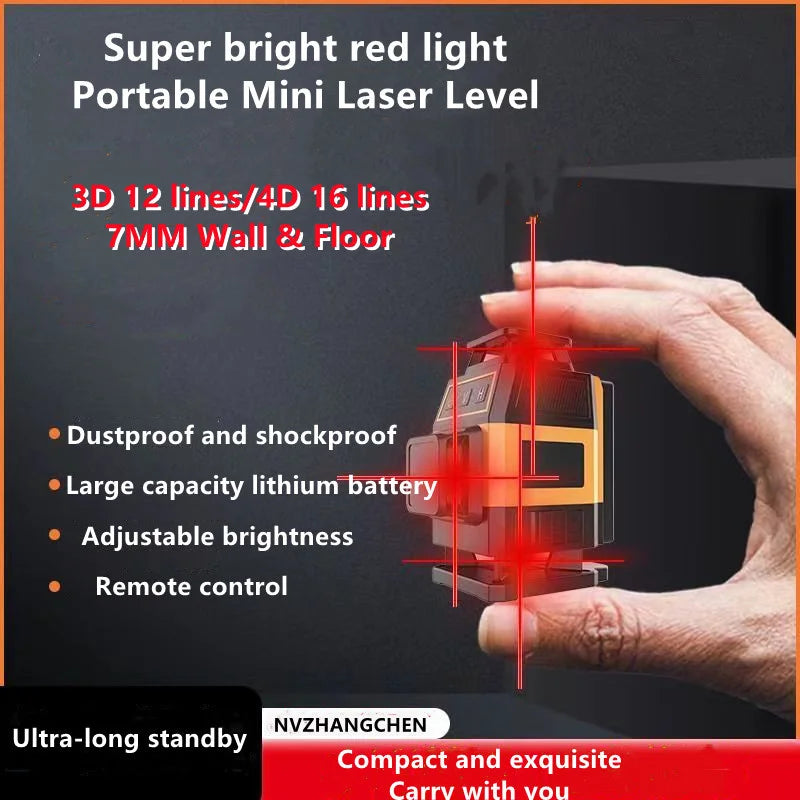 Mini 12/16-Line 3D/4D Self-Leveling Red Line Laser Level — 360° Horizontal & Vertical Cross, IP54, ±1mm/7m