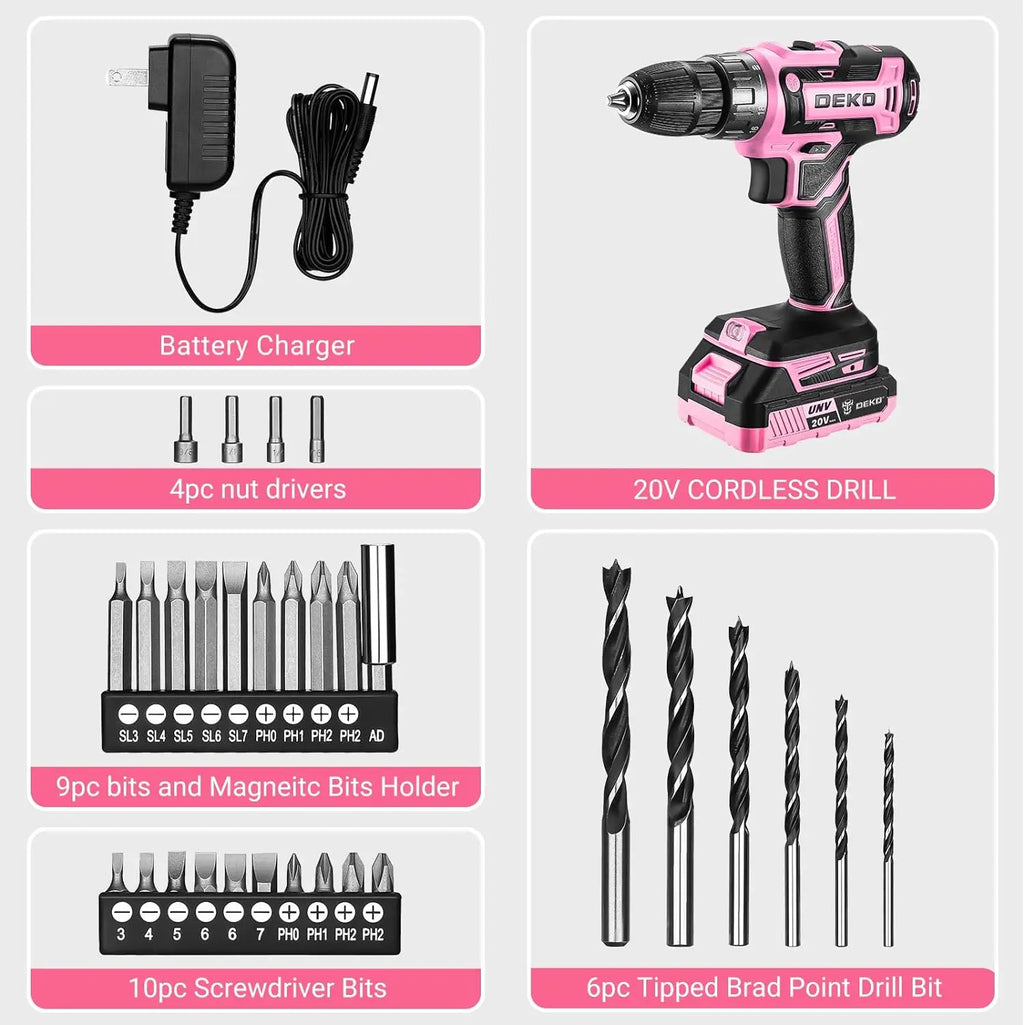 Pink Cordless Drill 20V 1.5Ah Electric Drill Set - Compact Lightweight Power Drill with Battery, Charger & Bits for Women