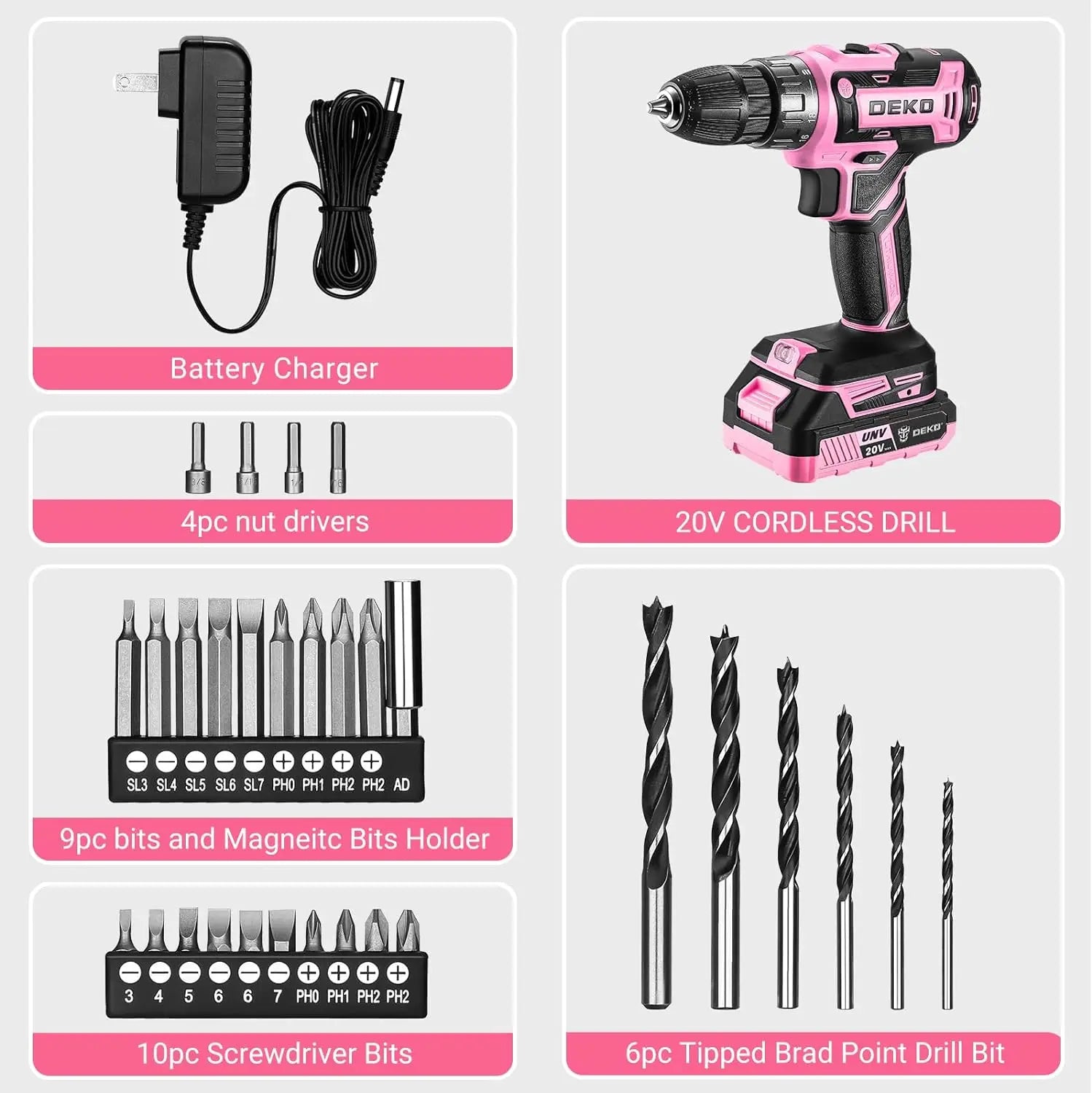 Pink Cordless Drill 20V 1.5Ah Electric Drill Set - Compact Lightweight Power Drill with Battery, Charger & Bits for Women