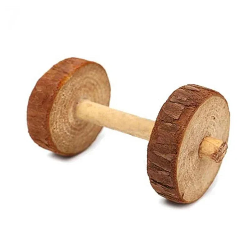 Wooden Pine Chew Roller Toy for Rabbits, Guinea Pigs & Rats - Dumbbell Unicycle Bell for Small Pets