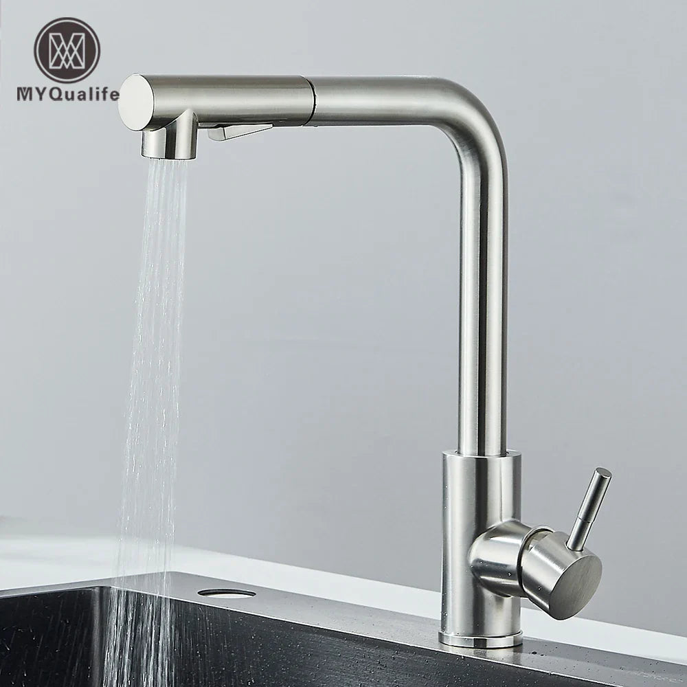 Pull-Out Kitchen Faucet Single-Handle Deck-Mount, High-Pressure Retractable Spout with Dual Spray Modes — Hot & Cold (Brushed Nickel / Matte Black)