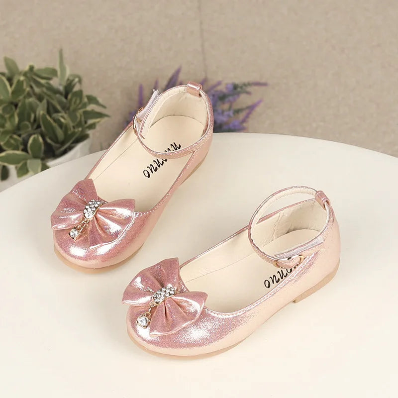 Girls Princess PU Leather Ballet Flats with Ankle Strap & Bow – Spring Autumn Dress Shoes for Kids 3-12