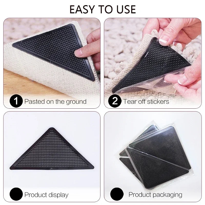 Triangular Rug Grippers 4/8-Pack – Anti-Slip Corner Carpet Pads, Washable Reusable for Tile & Hardwood