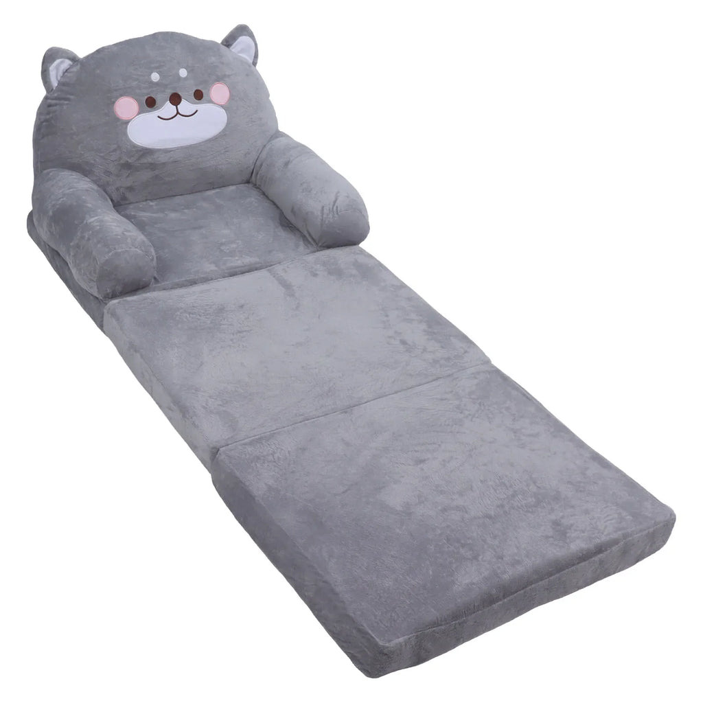 Cartoon Gray Dog Kids Sofa Foldable Toddler Chair - Soft Breathable Plush Armrest for Reading, Relaxing & Napping