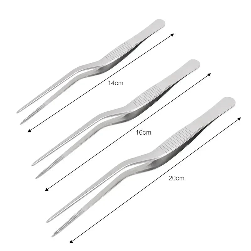 Stainless Steel Kitchen Tweezers & BBQ Tongs, Portable Food Clips — 1 or 3-Pack (14/16/20 cm | 5.5/6.3/7.9 in)