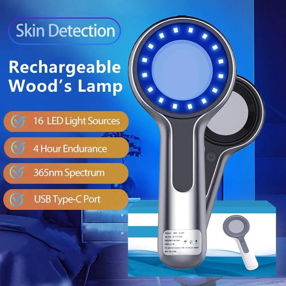 Woods Lamp Skin Analyzer 16-LED UV 365nm Handheld Magnifier for Facial Skin Analysis & Detection