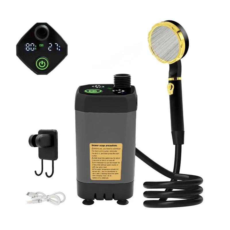 Portable Camping Shower Pump 6000mAh – RV Outdoor Shower Kit with Full-Screen Digital Display & Adjustable Energy-Saving Mode
