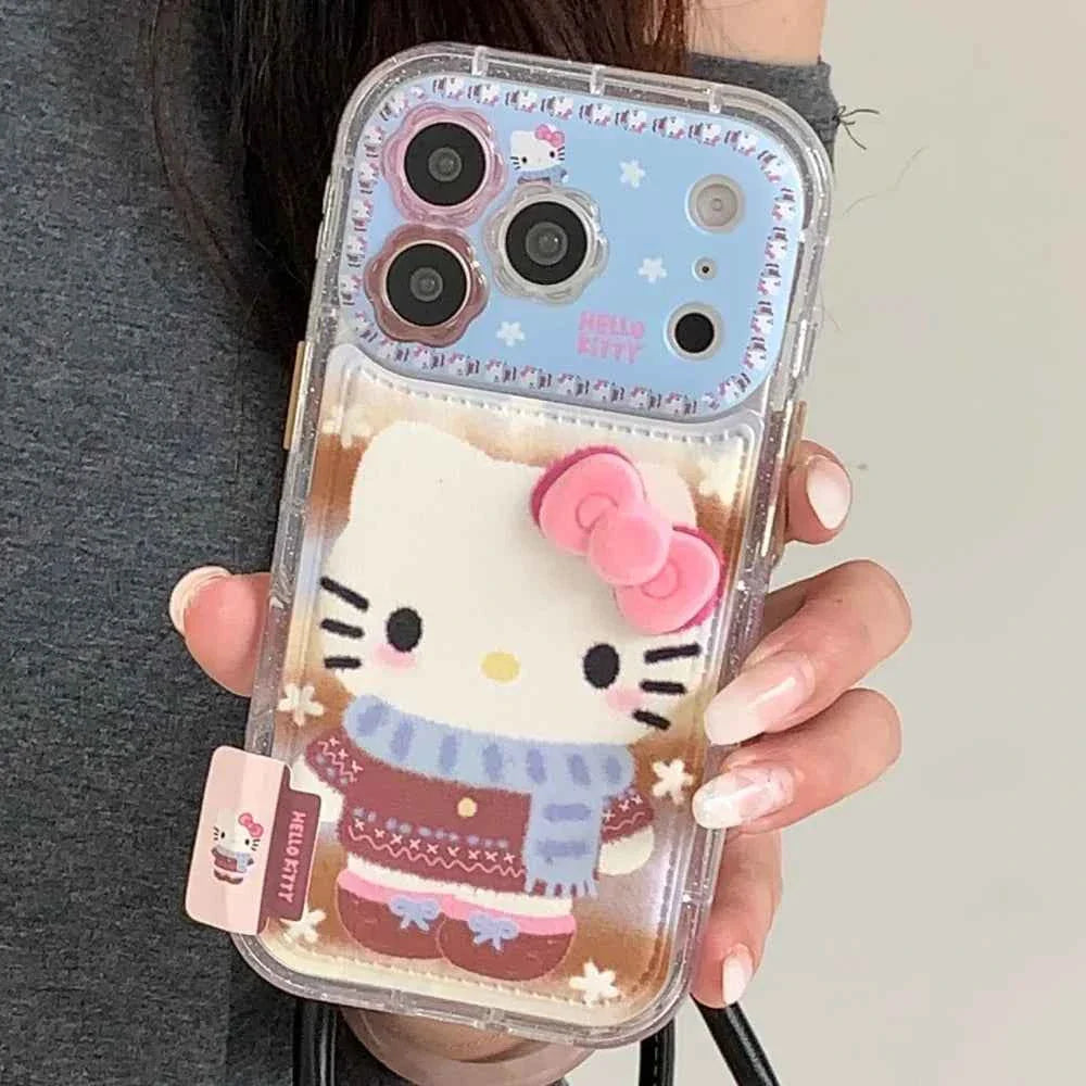 Luxury Cute Flower Lens Leather Scarf KT Case Phone Case For iPhone 17 Pro Max 16 Pro Max 15 Pro 14 Pro Max 13 Shockproof Cover