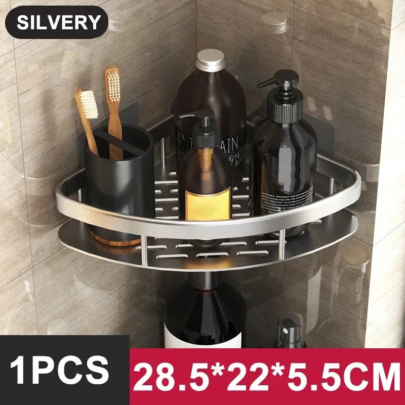 No-Drill Aluminum Alloy Bathroom Shower Shelf Wall-Mounted Shampoo Rack and Kitchen Organizer